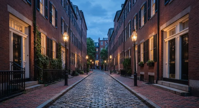 Gas lamps and cobblestones along a narrow Beacon Hill street