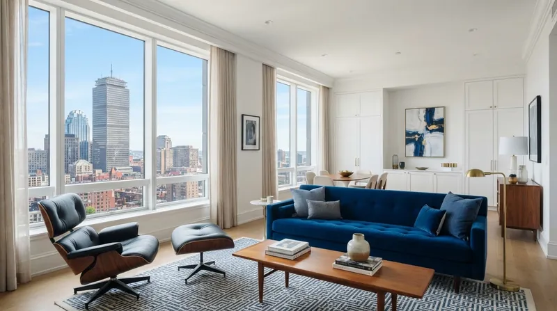 Sunlit living room with mid-century furniture and floor-to-ceiling city views
